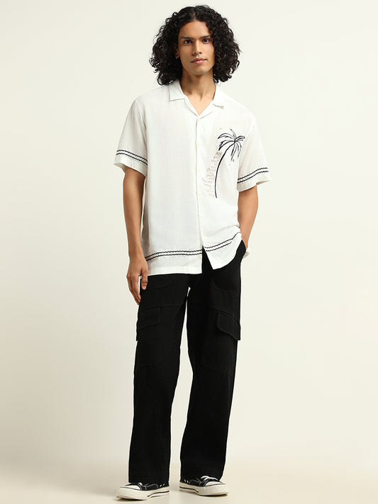 Nuon White Embroidered Cotton Relaxed Fit Shirt