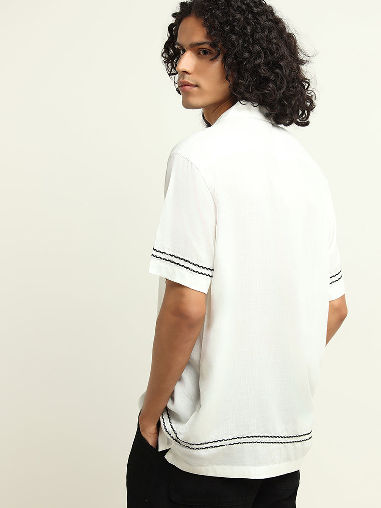 Nuon White Embroidered Cotton Relaxed Fit Shirt