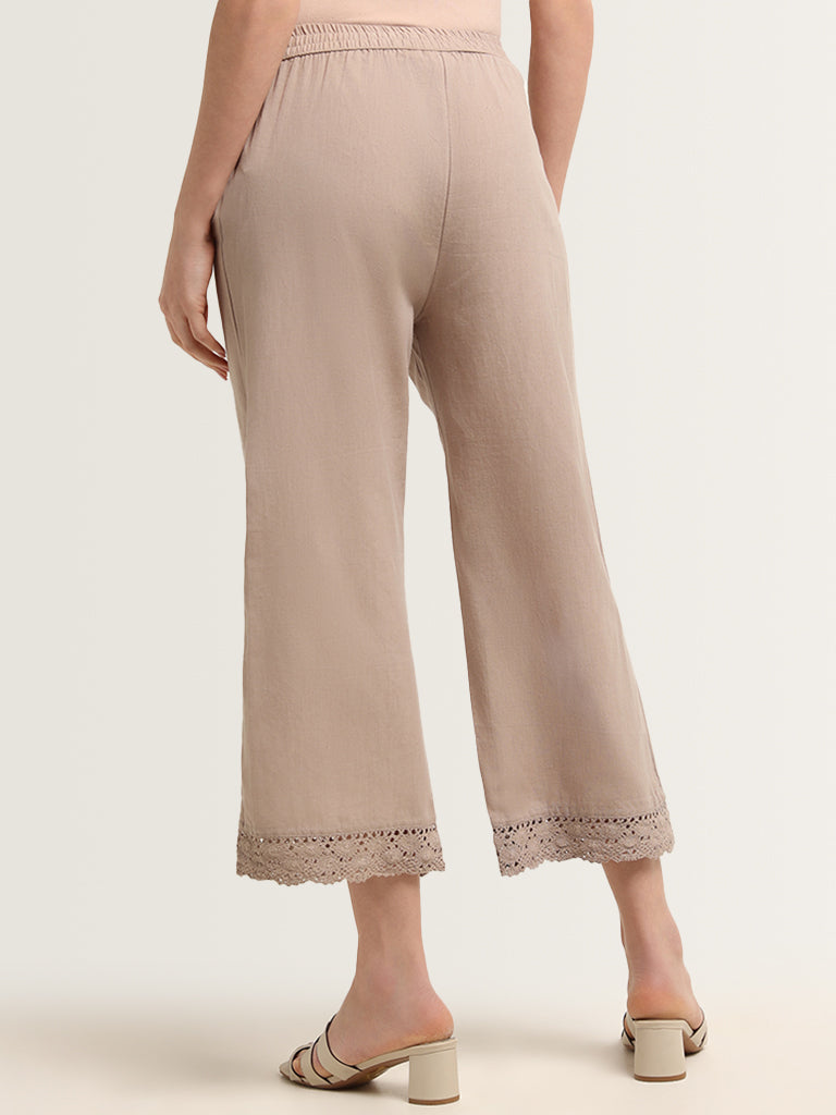 Utsa Beige Crochet-Detailed Cotton Ethnic Pants