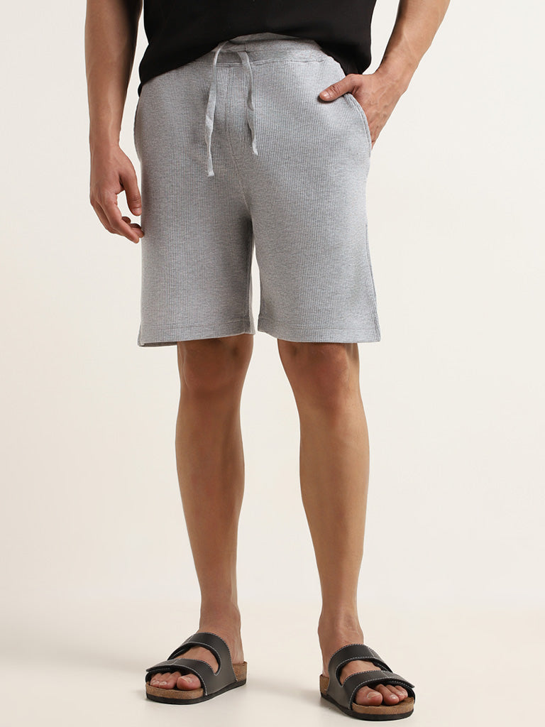 WES Lounge Solid Grey Mid-Rise Cotton Blend Relaxed Fit Shorts