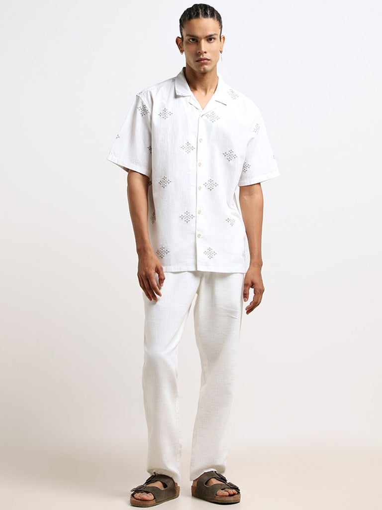 ETA White Embroidered Cotton Relaxed Fit Shirt