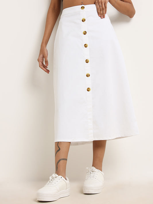 Bombay Paisley White Cotton Button-Down Skirt
