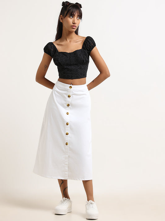 Bombay Paisley White Cotton Button-Down Skirt