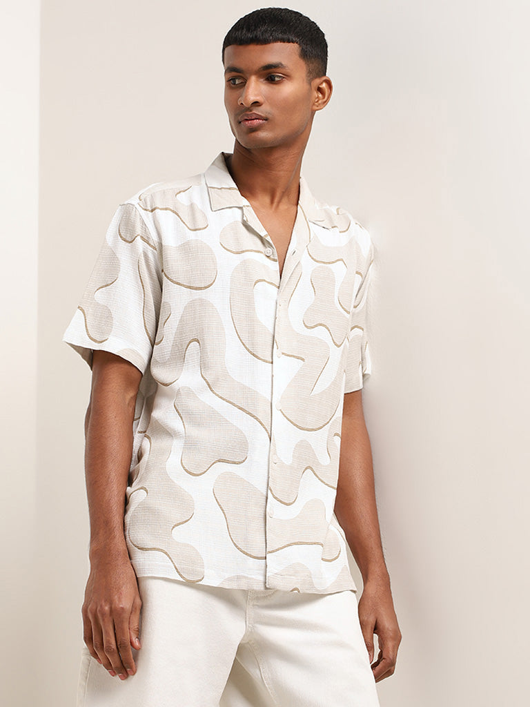 Nuon Beige Abstract Print Cotton Relaxed-Fit Shirt