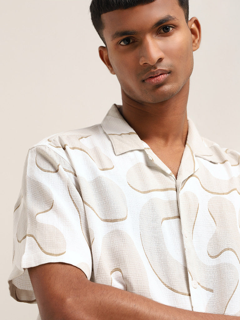 Nuon Beige Abstract Print Cotton Relaxed-Fit Shirt