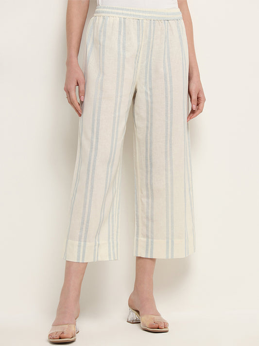 Zuba Off-White Mid-Rise Striped Blended Linen Pants