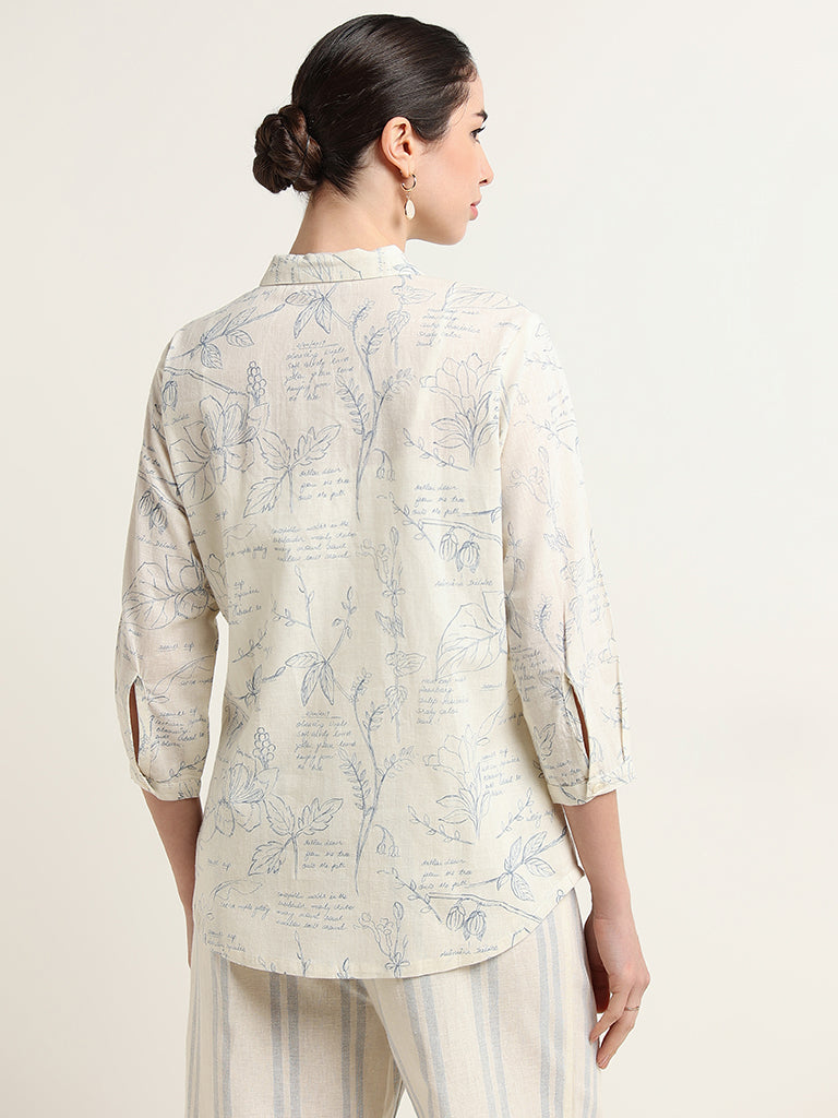 Zuba Off-White Contrast Print Blended Linen Tunic