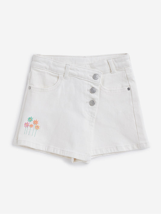 HOP Kids Off-White Floral Embroidered Denim Skort