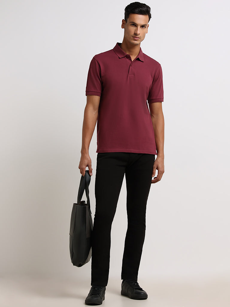 WES Casuals Burgundy Cotton Blend Relaxed Fit Polo T-Shirt