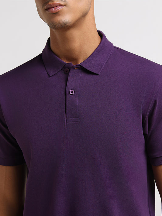 WES Casuals Purple Cotton Blend Slim Fit Polo T-Shirt