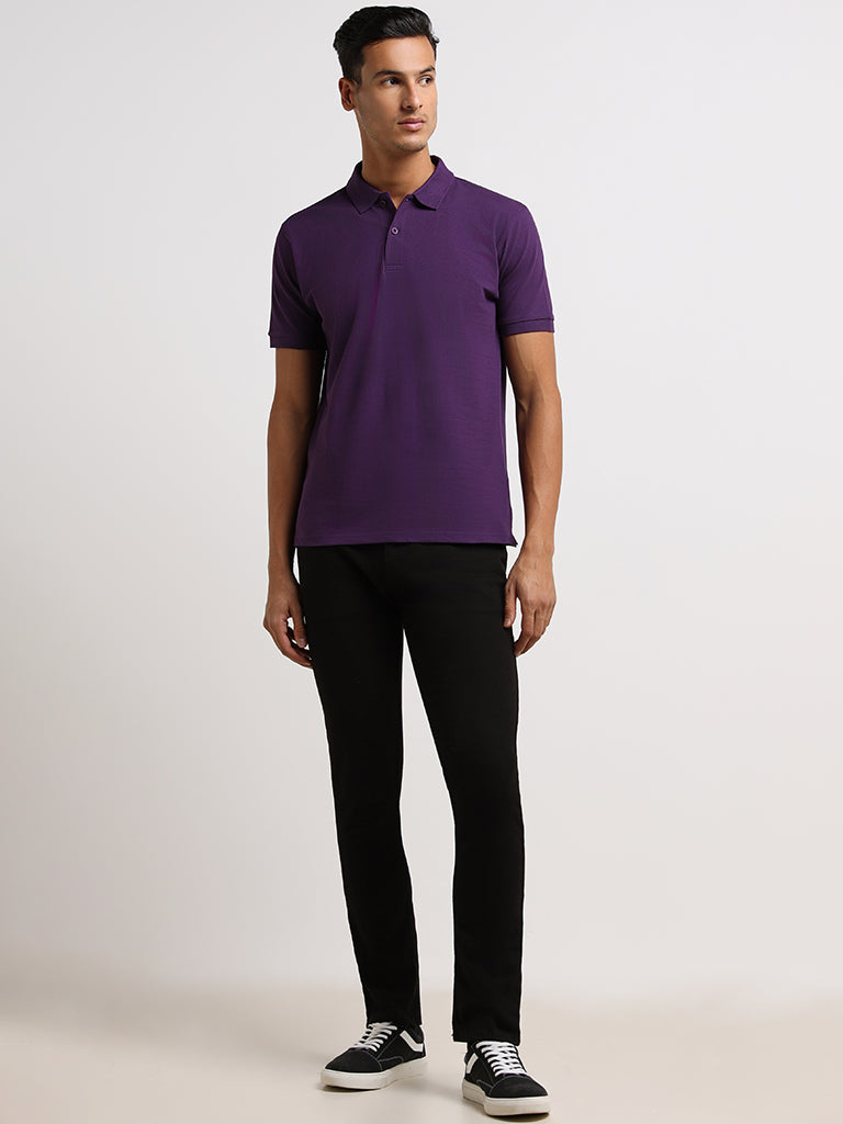 WES Casuals Purple Cotton Blend Slim Fit Polo T-Shirt