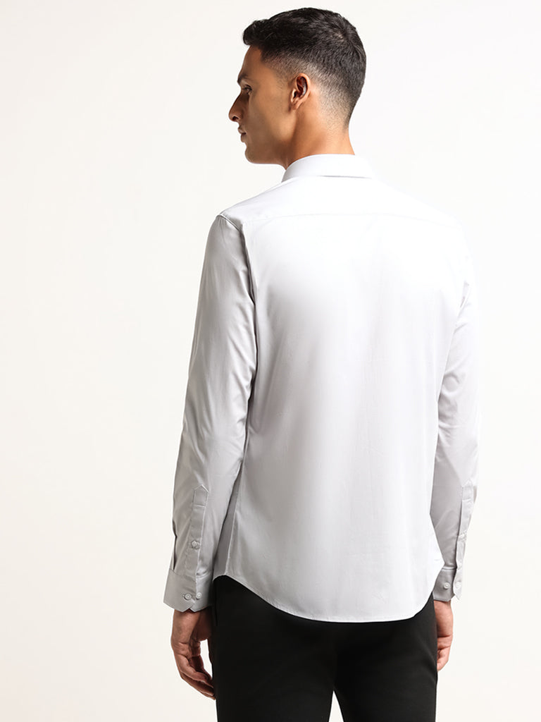 WES Formals Grey Solid Cotton Blend Ultra Slim Fit Shirt