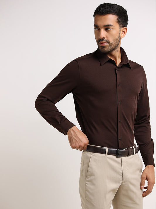 WES Formals Brown Slim- Fit Cotton Blend Shirt