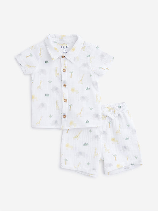 HOP Baby White Animal Printed Shirt with Shorts Set