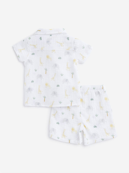 HOP Baby White Animal Printed Shirt with Shorts Set