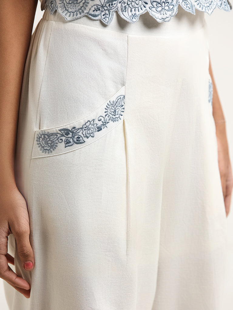 Bombay Paisley White Embroidered Cotton Blend Pants
