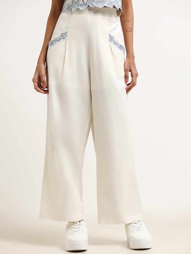 Bombay Paisley White Embroidered Cotton Blend Pants