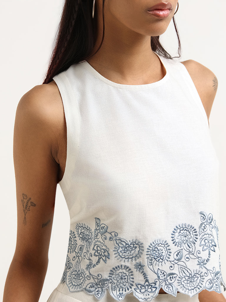 Bombay Paisley White Embroidered Cotton Blend Top