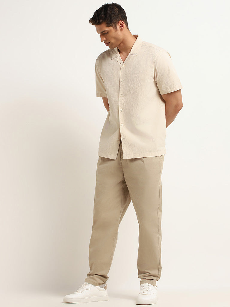 WES Casuals Beige Solid Cotton Relaxed Fit Shirt