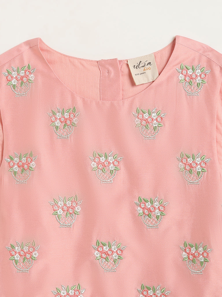 Utsa Kids Peach Floral Embroidered Blouse, Palazzos & Jacket Set