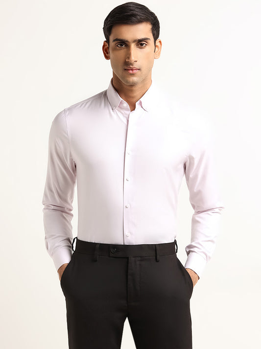 WES Formals Solid Light Pink Cotton Slim Fit Shirt