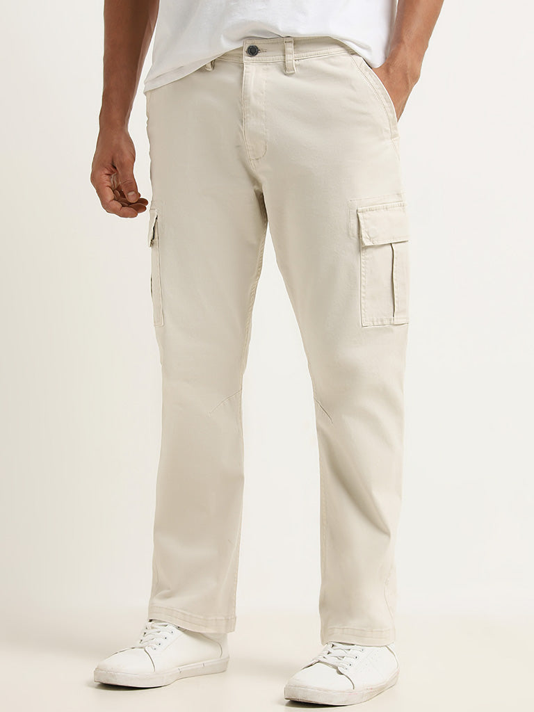 WES Casuals Off-White Cargo-Style Relaxed Fit Trousers