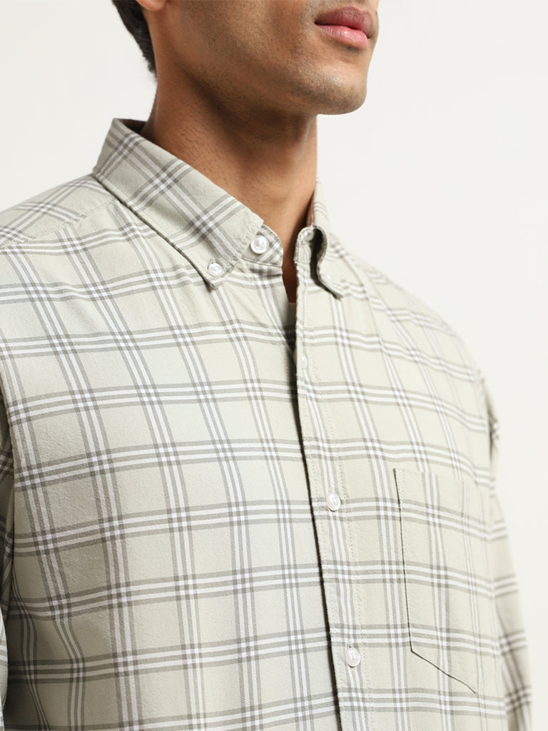 WES Casuals Checks Sage Cotton Blend Relaxed Fit Shirt