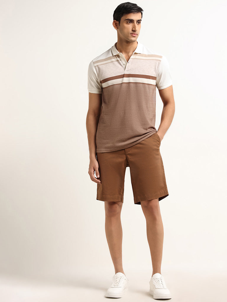 WES Casuals Beige Colour Blocked Slim Fit Polo T-Shirt