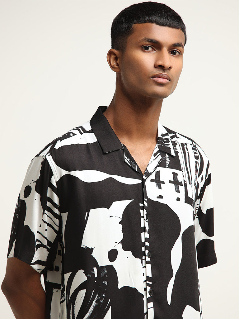 Nuon Black Abstract Print Cotton Relaxed Fit Shirt