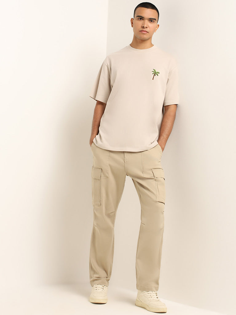 Nuon Beige Embroidered Cotton Relaxed Fit T-Shirt