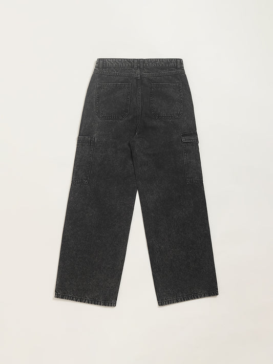 Y&F Kids Faded Black Mid Rise Cargo Jeans