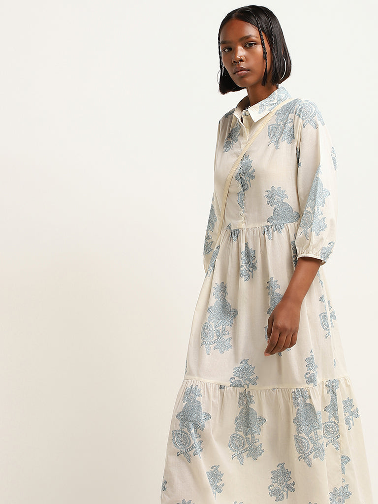 Bombay Paisley White Floral Cotton Tiered Maxi Dress
