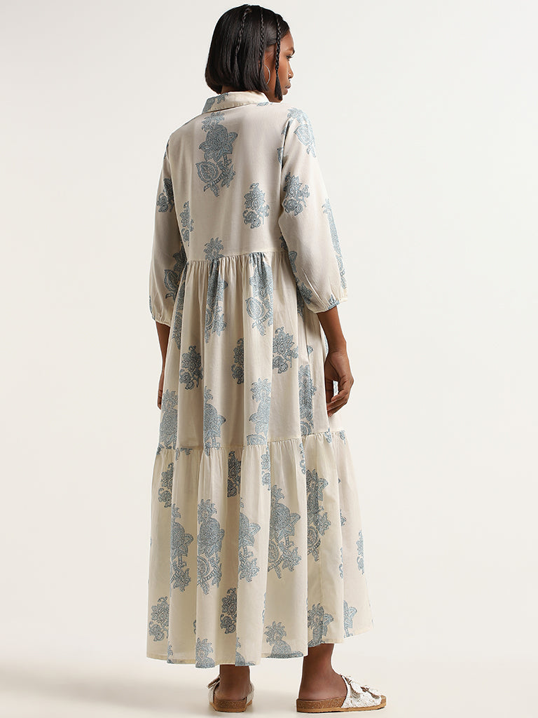 Bombay Paisley White Floral Cotton Tiered Maxi Dress