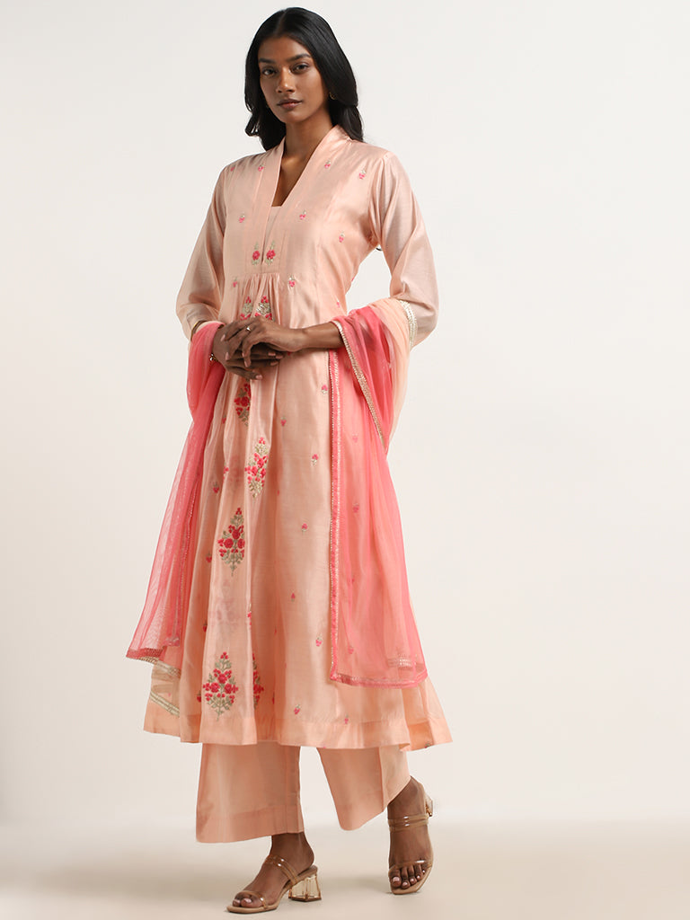 Buy Vark Peach Floral Embroidered Kurta Palazzos Dupatta Set from Westside