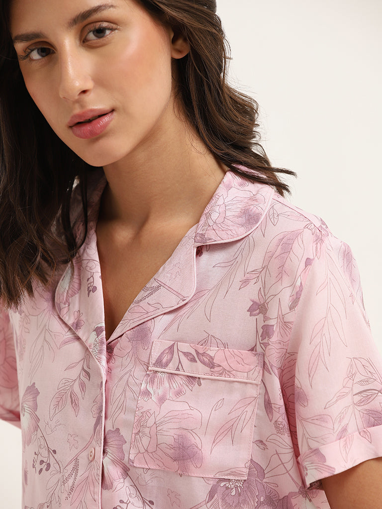 Wunderlove Pink Floral Cotton Shirt and Pyjama Set