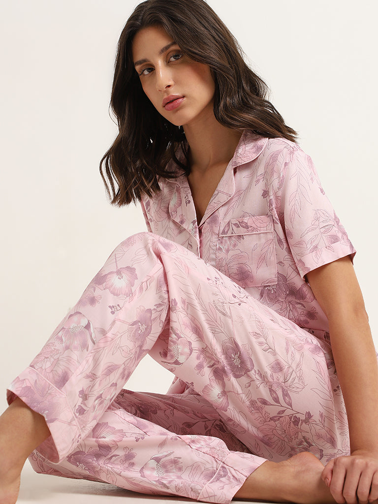 Wunderlove Pink Floral Cotton Shirt and Pyjama Set