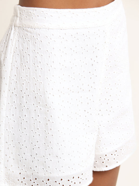 Superstar White Cotton Mid-Rise Schiffli Shorts