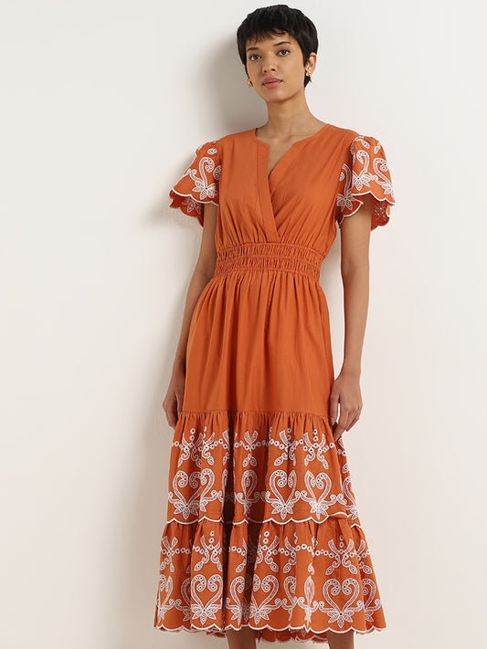 LOV Rust Smocked Waisted Cotton Tiered Maxi Dress