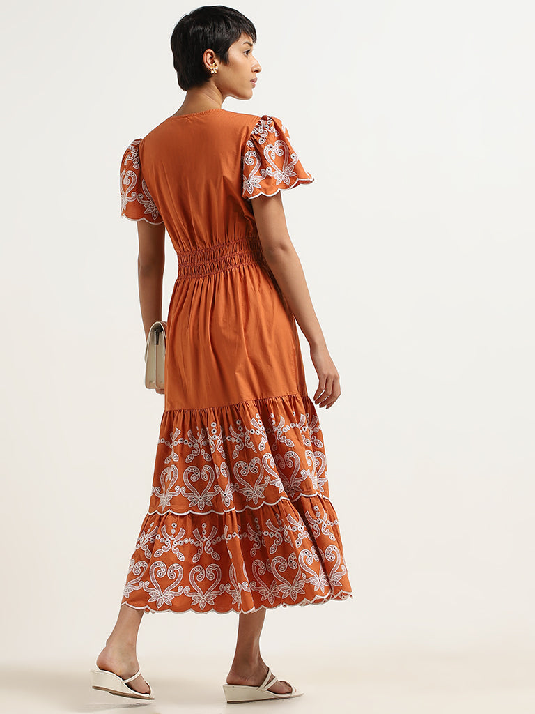 LOV Rust Smocked Waisted Cotton Tiered Maxi Dress
