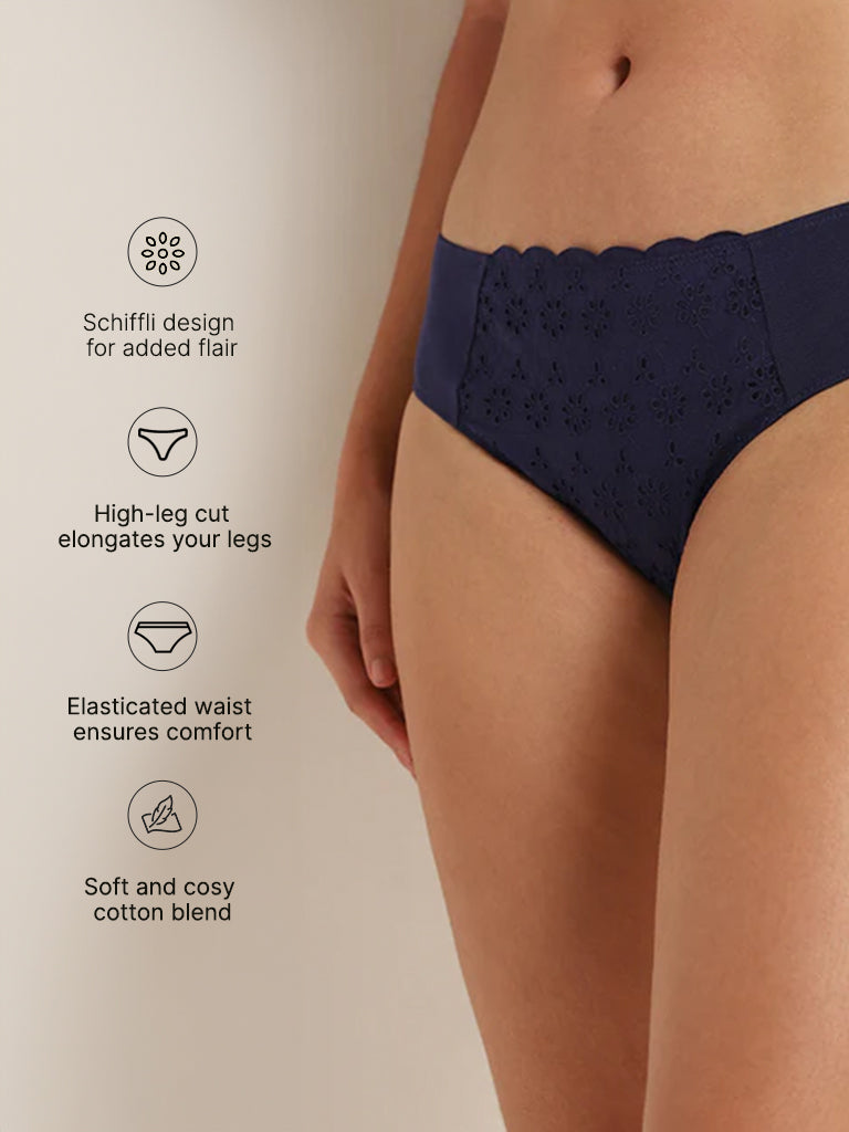 Wunderlove Navy Broiderie Cotton-Blend High-Leg Briefs