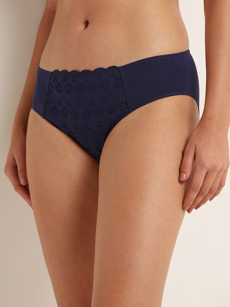 Wunderlove Navy Broiderie Cotton-Blend High-Leg Briefs