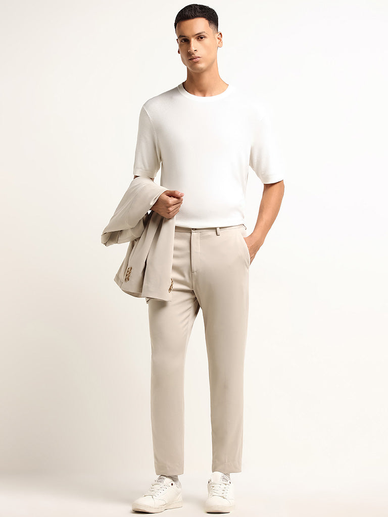 Westside WES Formals Men's Beige Mid Rise Slim Tapered Fit Trousers for Work Wear Full View
