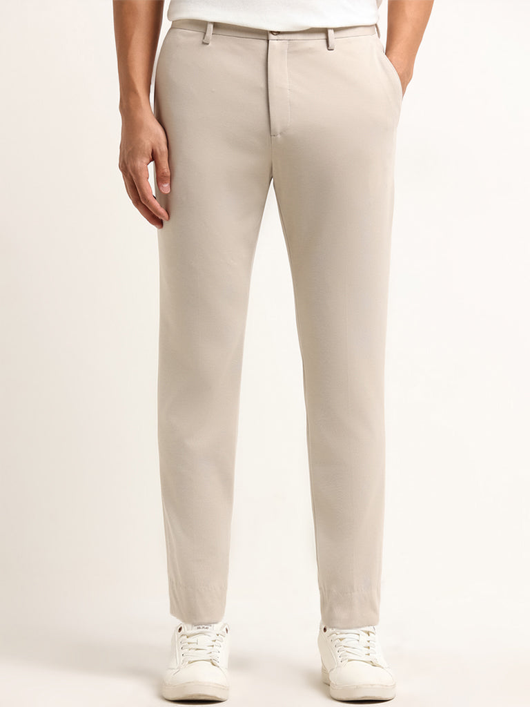 Westside WES Formals Men's Beige Mid Rise Slim Tapered Fit Trousers for Work Wear Front View