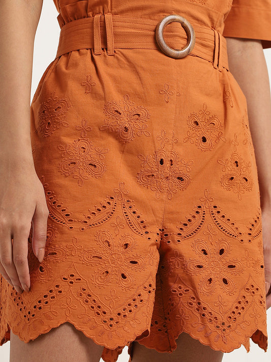 LOV Rust High-Waisted Cotton Shorts with Fabric Belt