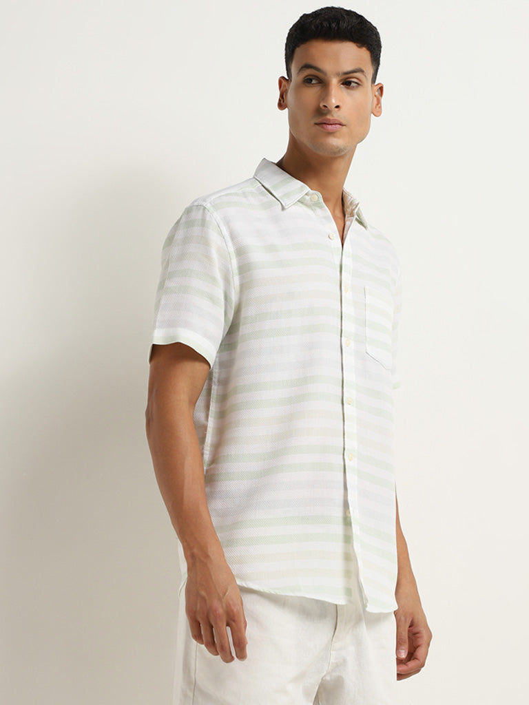 WES Casuals Light Green Striped Cotton Relaxed Fit Shirt