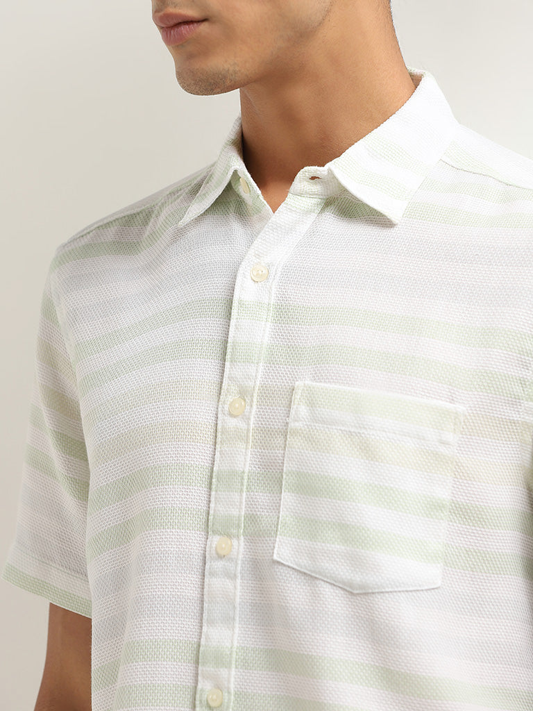 WES Casuals Light Green Striped Cotton Relaxed Fit Shirt