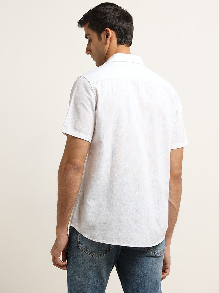 WES Casuals White Striped Slim Fit Blended Linen Shirt