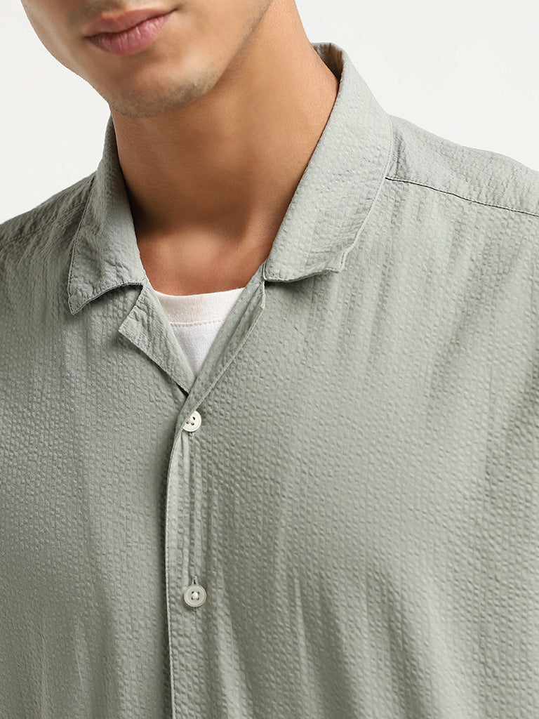 WES Casuals Light Sage Seersucker Cotton Relaxed Fit Shirt