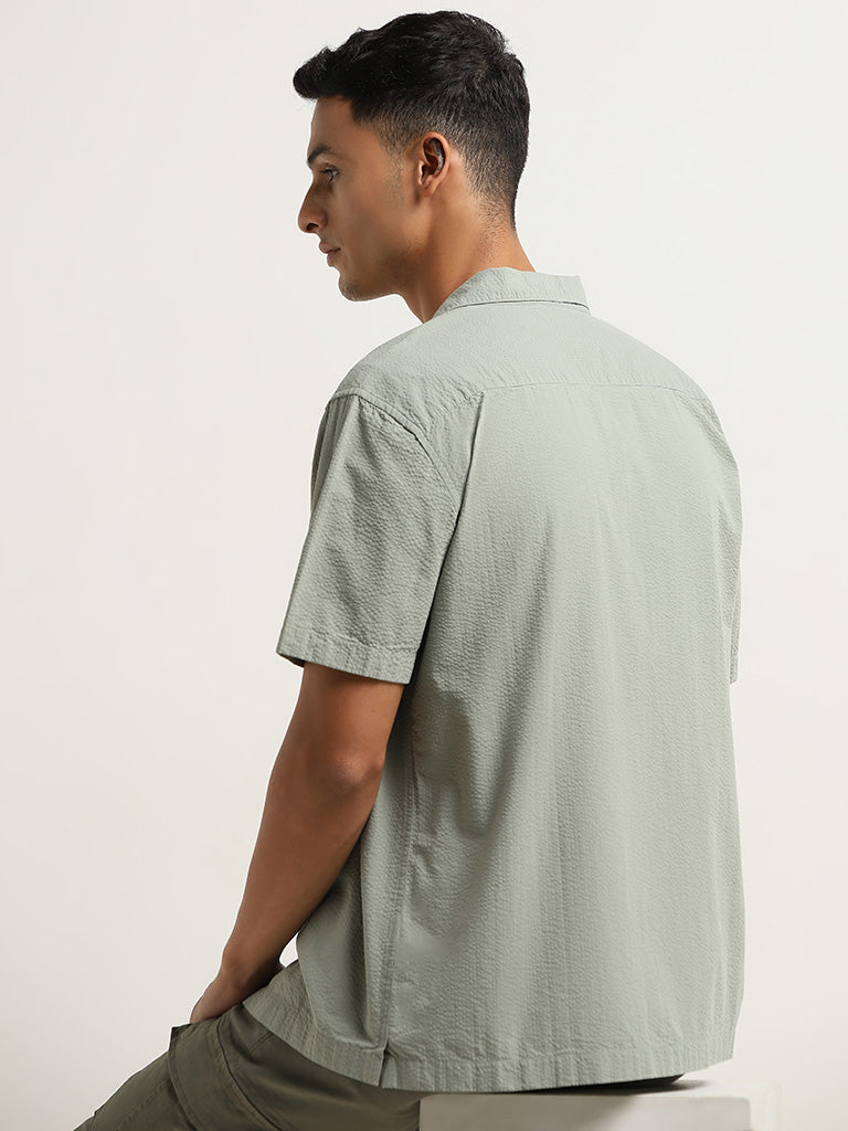 WES Casuals Light Sage Seersucker Cotton Relaxed Fit Shirt