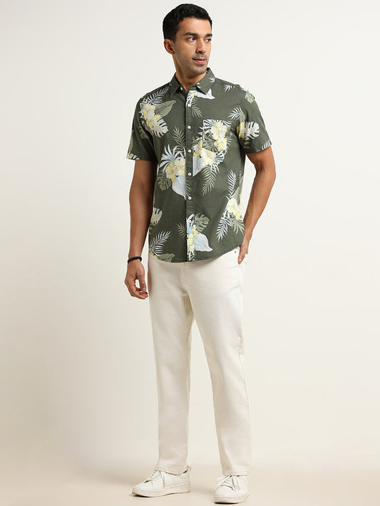 WES Casuals Green Slim Fit Floral Print Cotton Shirt